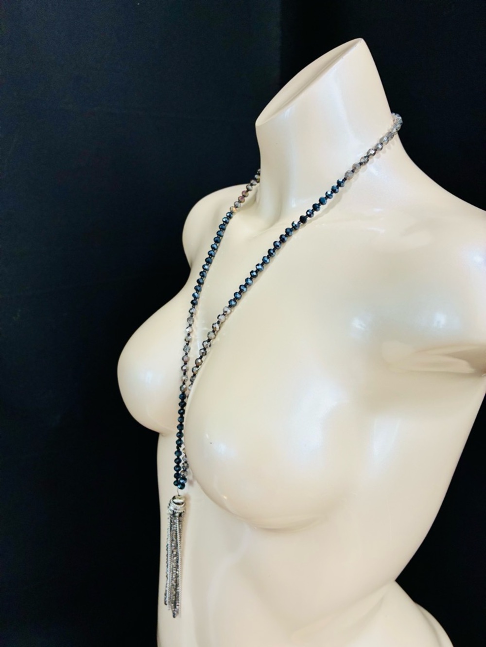 Murano Black and Silver Bead Necklace with Silver Tassel - Picture 4 of 13